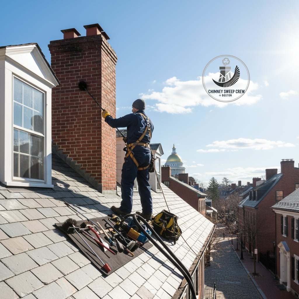 Chimney Sweep Crew team working on chimney